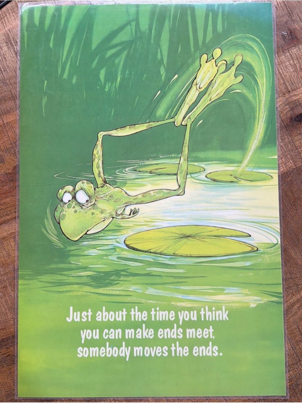 1970’s Vintage Poster Frog “Just About The Time You Think”, Humor Laminated